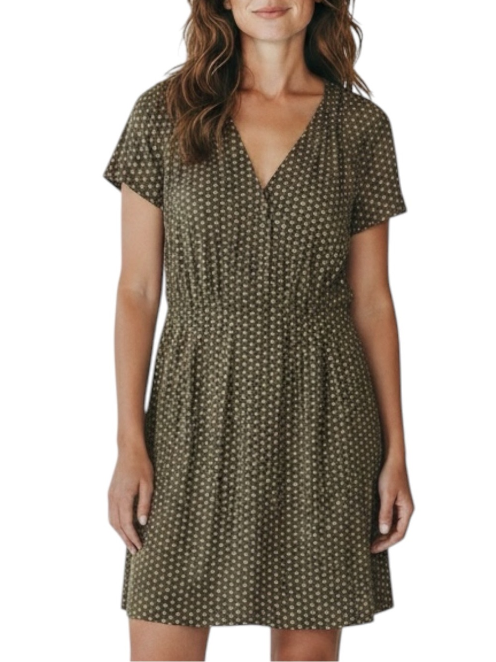 LANDS’ END Floral Fantasia Dress with Micro Dot Print in Olive Green Size 8P